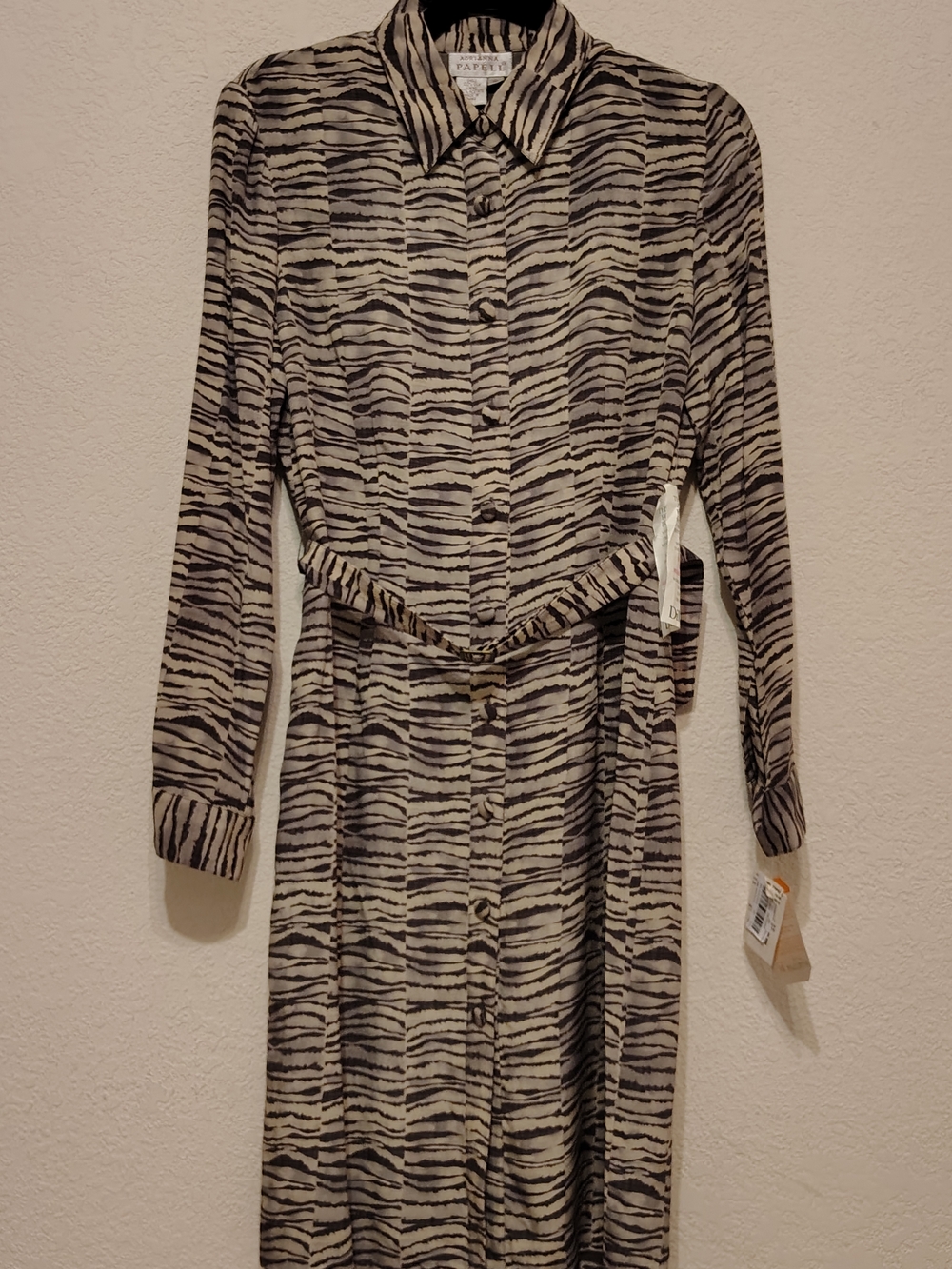 Adrianna Papéll 100% Silk Midi Belted Shirt Dress NWT Gray Black Animal Print 10